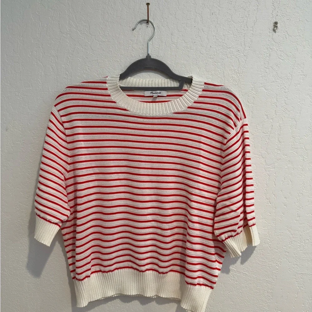 Madewell Red and Cream Striped Short-Sleeve Knit Sweater XL - Picture 1 of 5